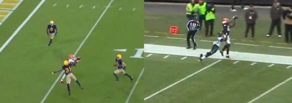 (click to enlarge) On the left Gordon fails to work back to the ball and Davon House breaks up the pass; on the right he works back and highpoints the ball for a big completion. The first break-up ended the drive, whereas the reception led to a touchdown